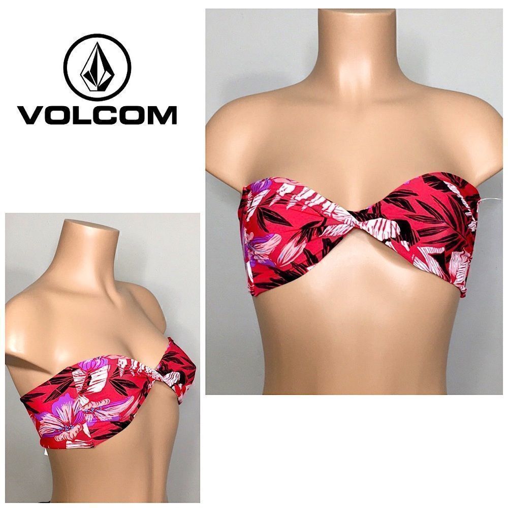 New. Volcom red tropical print twist front bikini top.